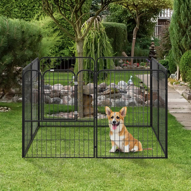 Hondenren XXL- Puppyren - Hondenkennel - 8 Kennelpanelen - Staal - 100 cm hoog - 640 cm omtrek - Uitbreidbaar