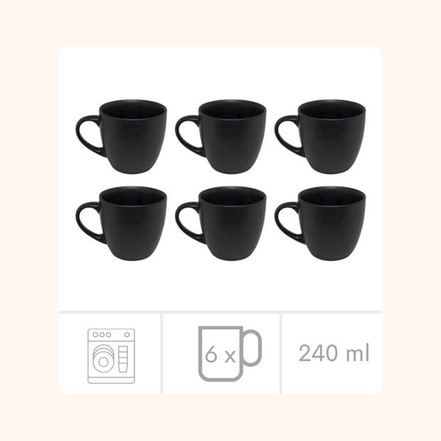 OTIX Koffiekopjes - Koffiemokken - Set van 6 - Koffietassen - Zwart - Mat - 240ml