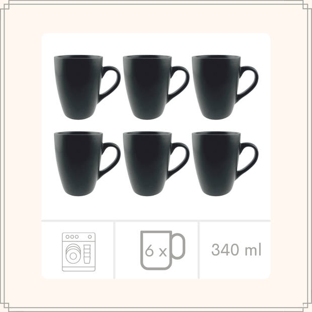 OTIX Koffiekopjes - met Oor - Set van 6 - Koffietassen - Mat - Zwart - 340ml
