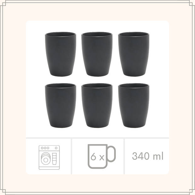 OTIX Koffiekopjes - Koffietassen - Set van 6 - Zwart - Mat - Vaatwasser bestendig - 340ml - Zonder Oor - Aardewerk