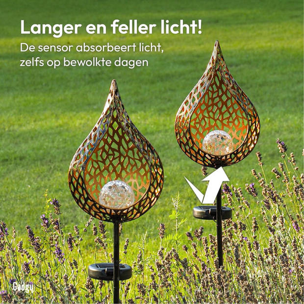 Gadgy Solar Druppel met Grondspies – Solar Tuinverlichting - Set van 2 – 90 cm – met Sensor - Tuinfakkel - Tuinsteker