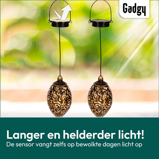 Gadgy Solar Hangende Oosterse Lantaarn Set 2st. – Brons – Solar Tuinverlichting – met Dag/Nacht Sensor - Tuinlantaarn