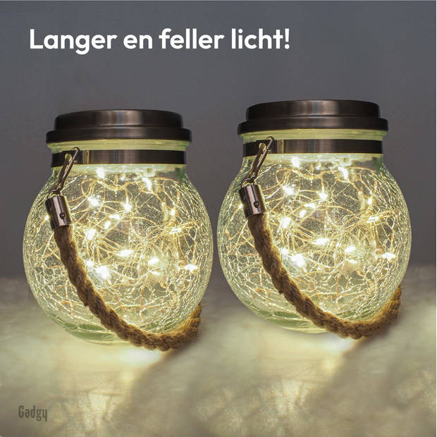 Gadgy Solar Lantaarn Craquelé Glas met 20 fairy lights – 2 st - Solar tuinverlichting dag/nacht sensor – 13.5 x Ø12 cm