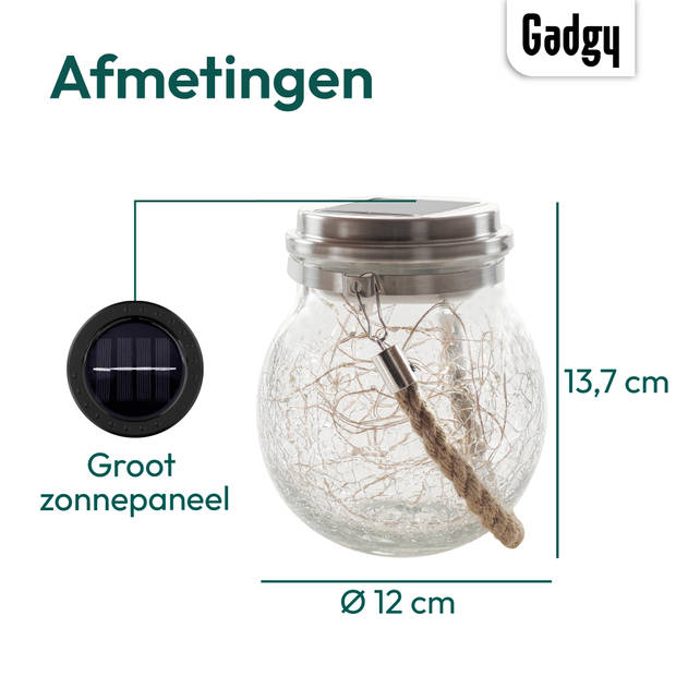 Gadgy Solar Lantaarn Craquelé Glas met 20 fairy lights – 2 st - Solar tuinverlichting dag/nacht sensor – 13.5 x Ø12 cm