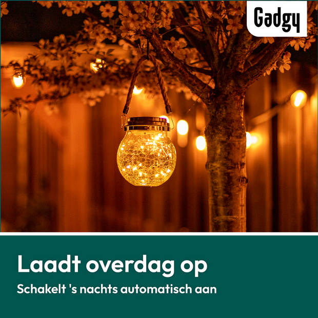 Gadgy Solar Lantaarn Craquelé Glas met 20 fairy lights – 2 st - Solar tuinverlichting dag/nacht sensor – 13.5 x Ø12 cm