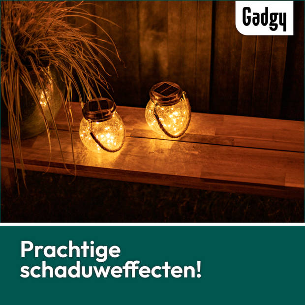 Gadgy Solar Lantaarn Craquelé Glas met 20 fairy lights – 2 st - Solar tuinverlichting dag/nacht sensor – 13.5 x Ø12 cm