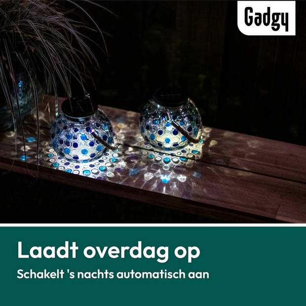 Gadgy Solar Lantaarn Glas - 2 stuks - Solar Tuinverlichting met Dag/Nacht Sensor – Tafellamp - Tuinlantaarn - Ø15 cm