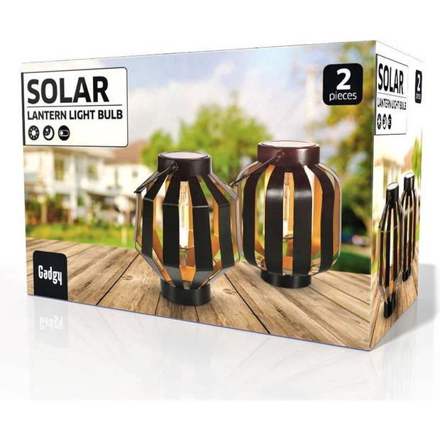 Gadgy Solar Lantaarn Gloeilamp – 2 st. - Solar Tuinverlichting met dag/nacht Sensor - Tuinlantaarn – 20.5 x Ø 18 cm
