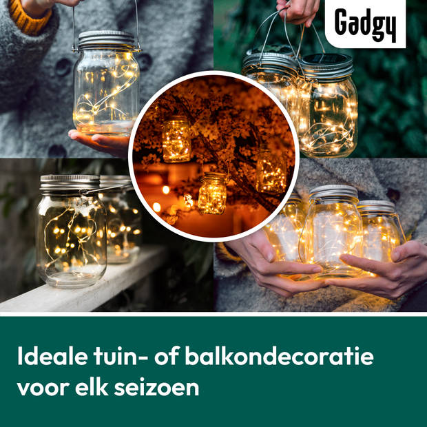 Gadgy Solar Lantaarn Jar Fairy Lights - Solar Tuinverlichting met dag/nacht Sensor - 3 glazen potjes met Led Verlichting