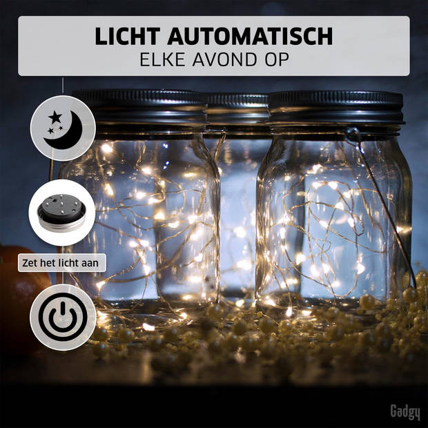 Gadgy Solar Lantaarn Jar Fairy Lights - Solar Tuinverlichting met dag/nacht Sensor - 3 glazen potjes met Led Verlichting