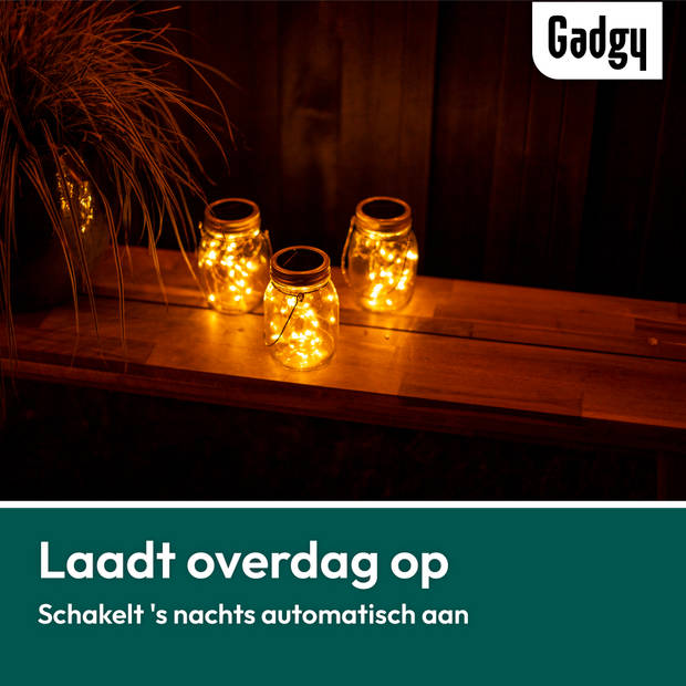 Gadgy Solar Lantaarn Jar Fairy Lights - Solar Tuinverlichting met dag/nacht Sensor - 3 glazen potjes met Led Verlichting