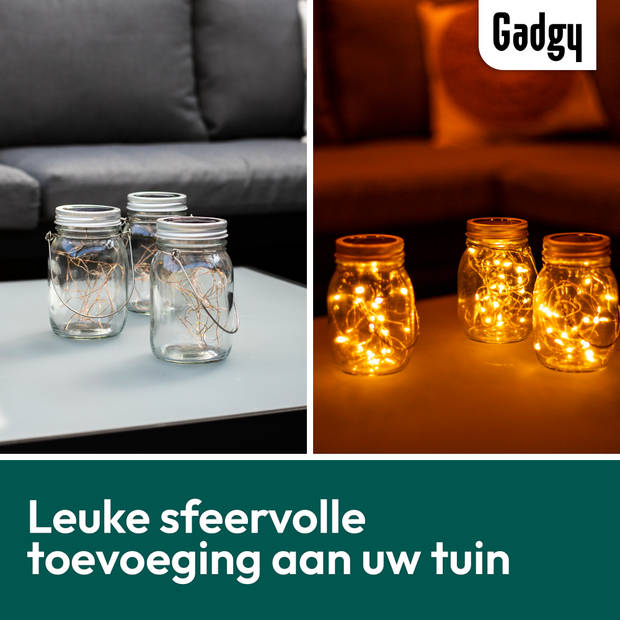 Gadgy Solar Lantaarn Jar Fairy Lights - Solar Tuinverlichting met dag/nacht Sensor - 3 glazen potjes met Led Verlichting