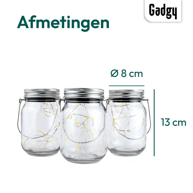 Gadgy Solar Lantaarn Jar Fairy Lights - Solar Tuinverlichting met dag/nacht Sensor - 3 glazen potjes met Led Verlichting