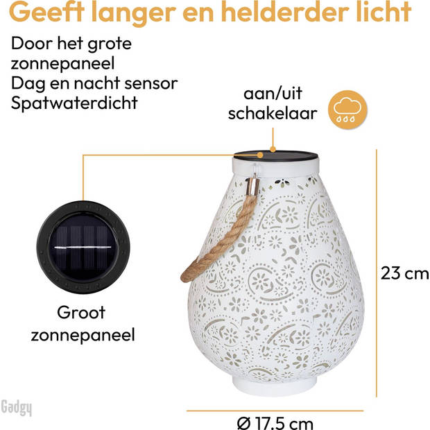 Gadgy Solar Lantaarn Mat Wit – 2 st. – Solar Tuinverlichting met Dag/Nacht Sensor - Tuinlantaarn - 23 x Ø 17.5 cm