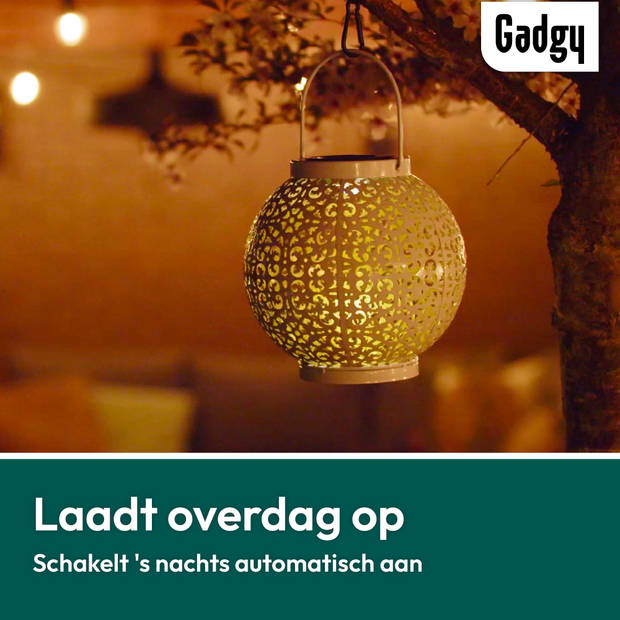 Gadgy Solar Lantaarn Metaal, Rond - Solar Tuinverlichting met dag/nacht Sensor - Tuinlantaarn - Tafellamp – Ø17.5 cm