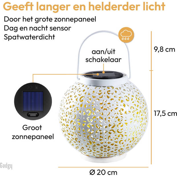 Gadgy Solar Lantaarn Metaal, Rond - Solar Tuinverlichting met dag/nacht Sensor - Tuinlantaarn - Tafellamp – Ø17.5 cm