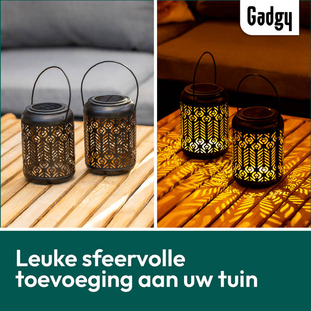 Gadgy Solar Lantaarn Pauw – 2 st. - Zwart/goud – Solar Tuinverlichting met dag/nacht Sensor – Tuinlantaarn - Ø 12.5 cm