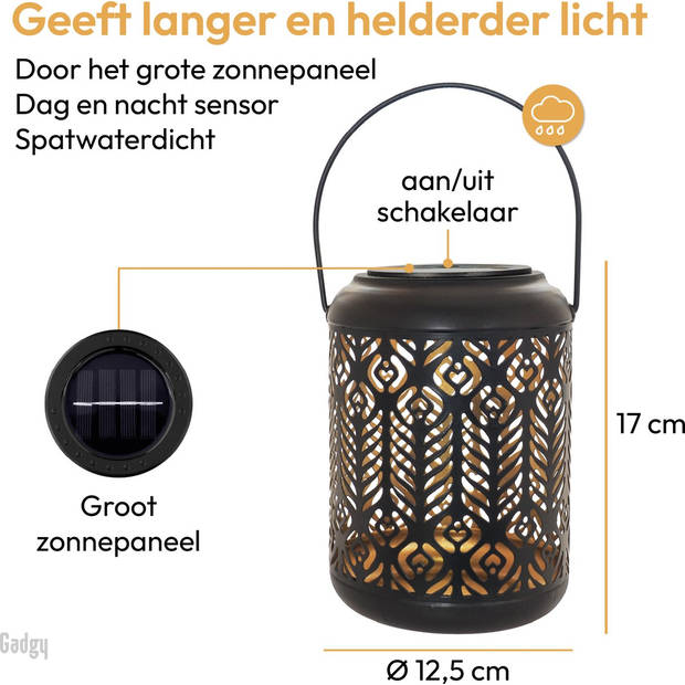 Gadgy Solar Lantaarn Pauw – 2 st. - Zwart/goud – Solar Tuinverlichting met dag/nacht Sensor – Tuinlantaarn - Ø 12.5 cm