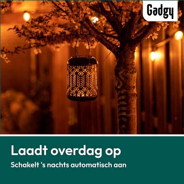 Gadgy Solar Lantaarn Pauw – 2 st. - Zwart/goud – Solar Tuinverlichting met dag/nacht Sensor – Tuinlantaarn - Ø 12.5 cm