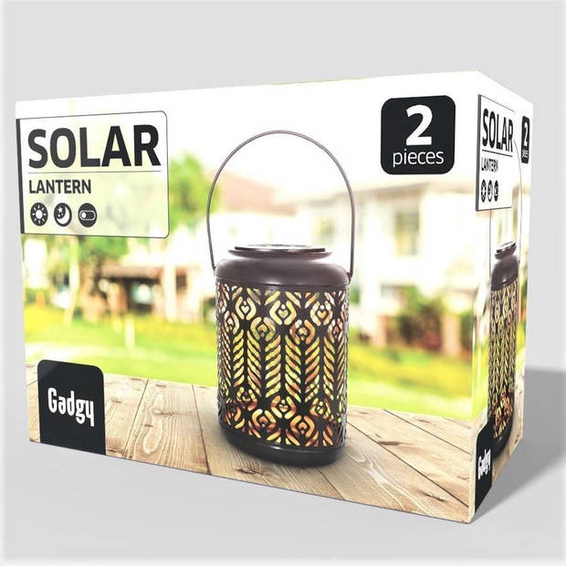 Gadgy Solar Lantaarn Pauw – 2 st. - Zwart/goud – Solar Tuinverlichting met dag/nacht Sensor – Tuinlantaarn - Ø 12.5 cm