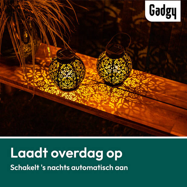 Gadgy Solar Lantaarn Rond– 2 st. – Zwart – Solar Tuinverlichting met dag/nacht Sensor – Tuinlantaarn – Ø 13.5 cm