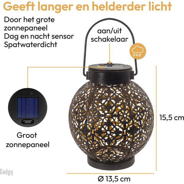 Gadgy Solar Lantaarn Rond– 2 st. – Zwart – Solar Tuinverlichting met dag/nacht Sensor – Tuinlantaarn – Ø 13.5 cm