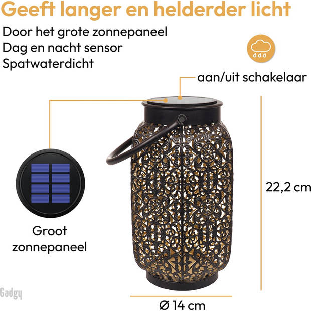 Gadgy Solar Oosterse Lantaarn – 2 st. - Zwart - Solar Tuinverlichting met Dag/Nacht Sensor – Tuinlantaarn 22 x Ø 14 cm