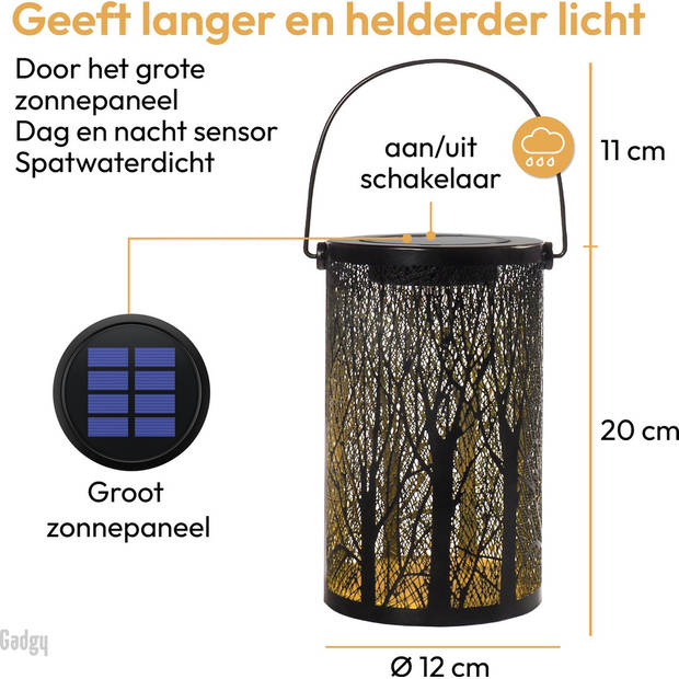 Gadgy Solar Tafellamp Boom 2 st. – Zwart/Goud - Solar Tuinverlichting met dag/nacht Sensor - Tuinlantaarn - 20 x Ø12 cm