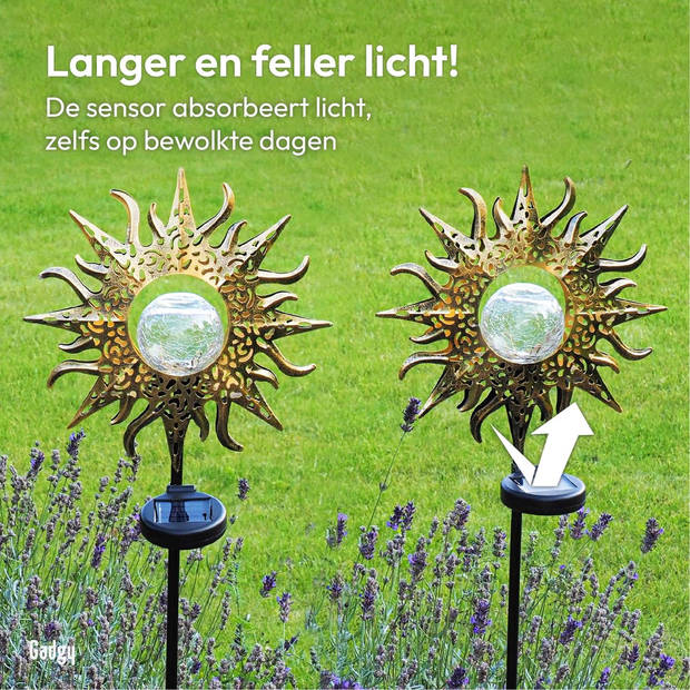 Gadgy Solar Zon met grondspies – Set van 2 st.– 103 cm – brons – Tuinverlichting met sensor - Tuinfakkel - Tuinsteker
