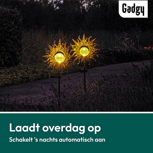 Gadgy Solar Zon met grondspies – Set van 2 st.– 103 cm – brons – Tuinverlichting met sensor - Tuinfakkel - Tuinsteker