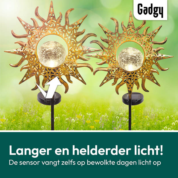 Gadgy Solar Zon met grondspies – Set van 2 st.– 103 cm – brons – Tuinverlichting met sensor - Tuinfakkel - Tuinsteker