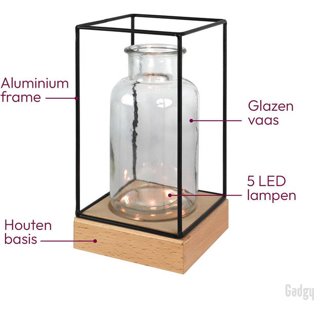 Gadgy Vaas met LED Verlichting - Vaaslamp - Glazen Vaas met Lamp - Hydroponie - Werkt op Batterijen – Tafellamp - Ø11 cm
