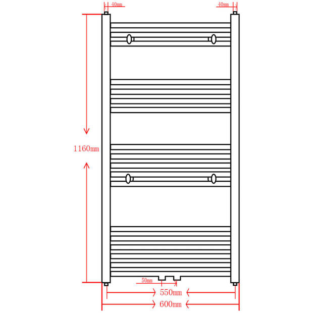 The Living Store Handdoekradiator - dubbele functie - zwart - 600 x 1160 mm - 18 stalen dwarsbalken