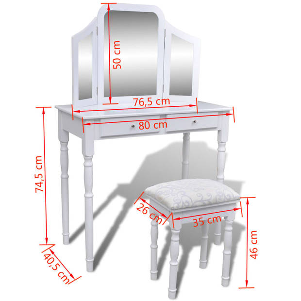 vidaXL Kaptafel met 2 lades, 3-in-1 spiegel en krukje wit