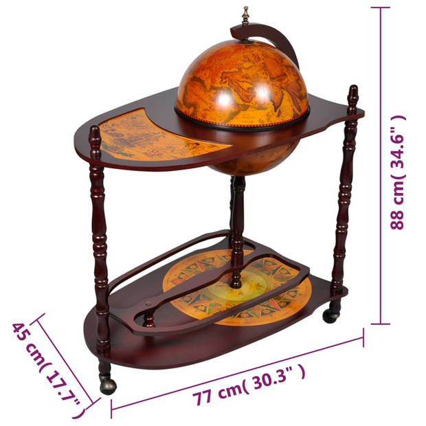 The Living Store Globebar Renaissance - hout - verrijdbaar - 77x45x88cm - replicas Renaissance-schilderijen