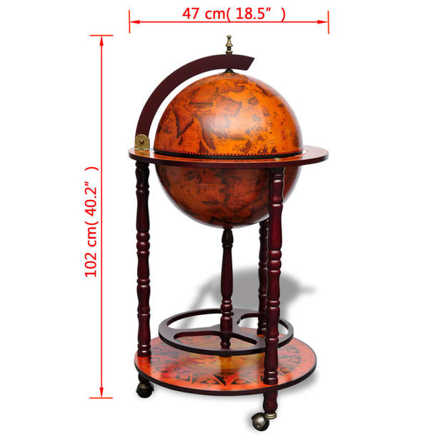 The Living Store Globebar - Elegante houten bar - 36 cm diameter - Massief eucalyptushout - Oude wereldkaart - Op