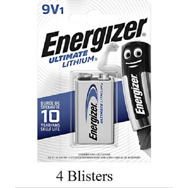 4 stuks (4 blisters a 1 stuk) Energizer Ultimate Lithium 9V blok Batterij / L522 e-block MN1604/6LR61