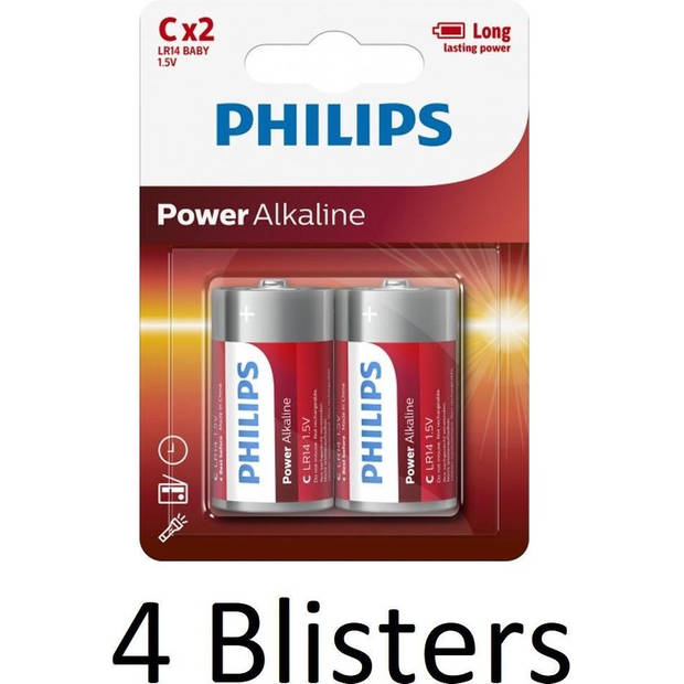 8 Stuks (4 blister a 2st) - Philips Power C/LR14 alkalinebatterij