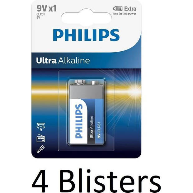 4 Stuks (4 Blisters a 1 st) Philips 6LR61 - 9V batterij