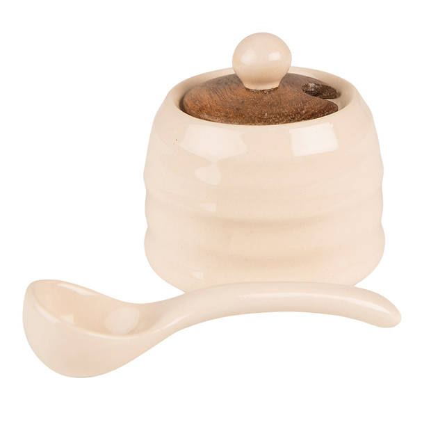 Clayre & Eef Voorraadpot Ø 8x6 cm Beige Bruin Keramiek Voorraadbus Beige Voorraadbus