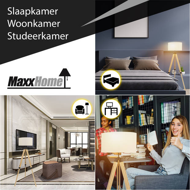 MaxxHome Vloerlamp Elly - Staande lamp - Leeslamp - Driepoot - Hout -145 cm - E27 - LED - 40W - Cream