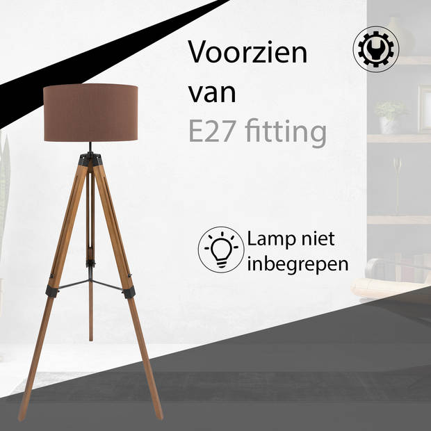 MaxxHome Vloerlamp Elly - Leeslamp - Driepoot - Hout -145 cm - E27 - LED - 40W (bruin)
