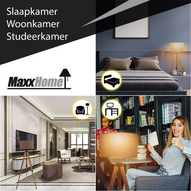 MaxxHome Vloerlamp Elly - Leeslamp - Driepoot - Hout -145 cm - E27 - LED - 40W (bruin)