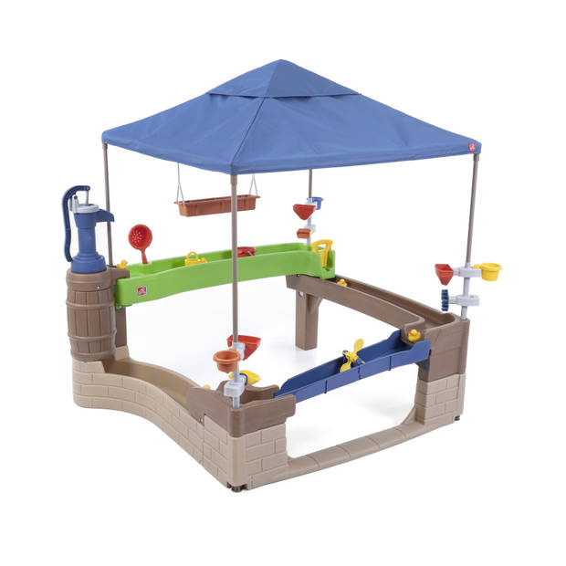 Step2 Pump & Splash Shady Oasis speelhuisje met waterspeelgoed Kunststof patio voor kinderen met waterpomp, watertafel