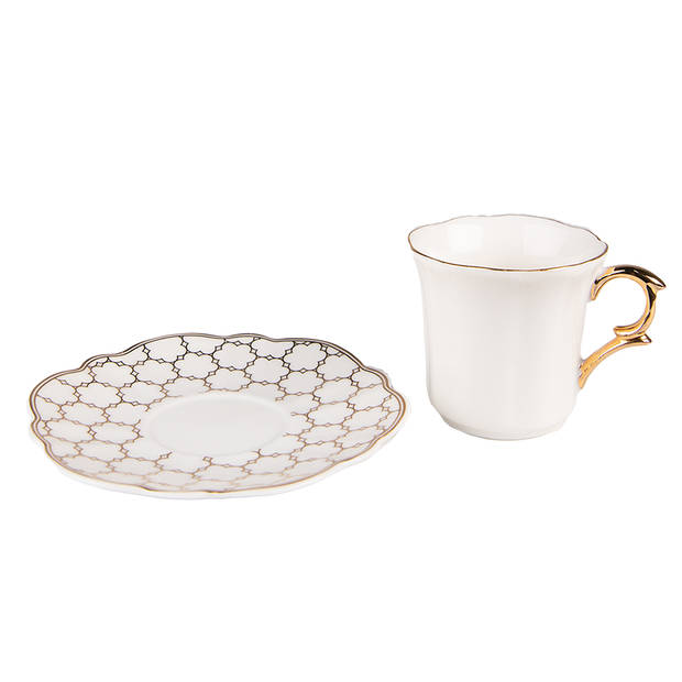 Clayre & Eef Kop en schotel 95 ml Wit Goudkleurig Porselein Servies Wit Servies