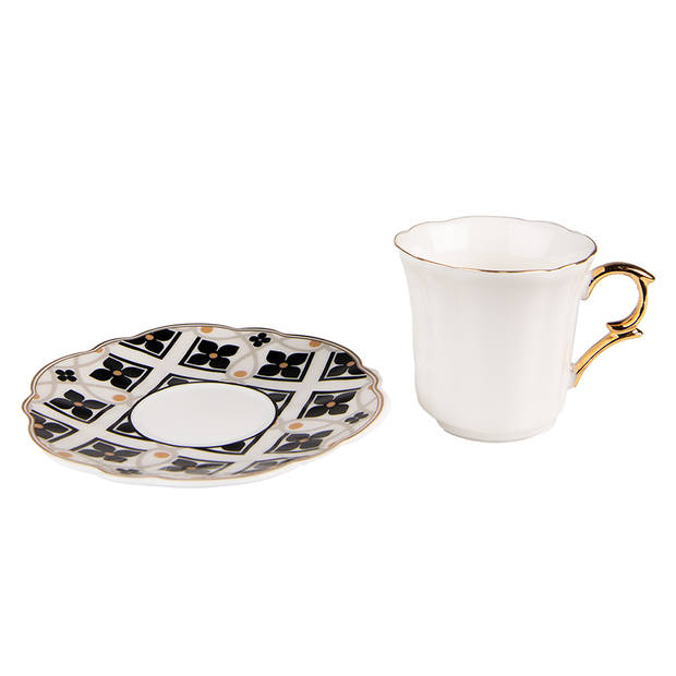 Clayre & Eef Kop en schotel 95 ml Wit Zwart Porselein Servies Wit Servies