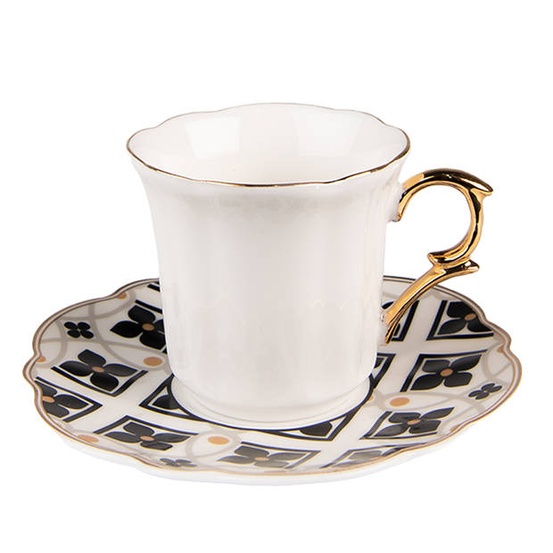 Clayre & Eef Kop en schotel 95 ml Wit Zwart Porselein Servies Wit Servies