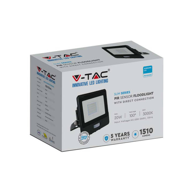 V-TAC VT-128S-B LED Schijnwerpers met PIR Sensor - Zwart - Samsung - IP65 - 20W - 1510 Lumen - 4000K - 5 Jaar