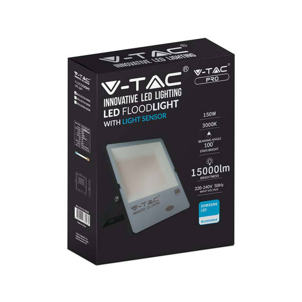 V-TAC VT-167 LED Schijnwerpers met Fotocelsensor - Zwart - Samsung - IP65 - 150W - 15000 Lumen - 6500K - 5 Jaar
