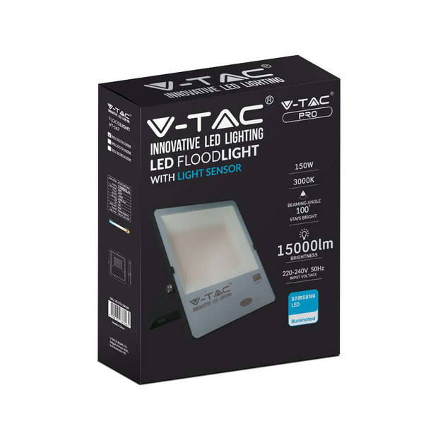 V-TAC VT-167 LED Schijnwerpers met Fotocelsensor - Zwart - Samsung - IP65 - 150W - 15000 Lumen - 4000K - 5 Jaar